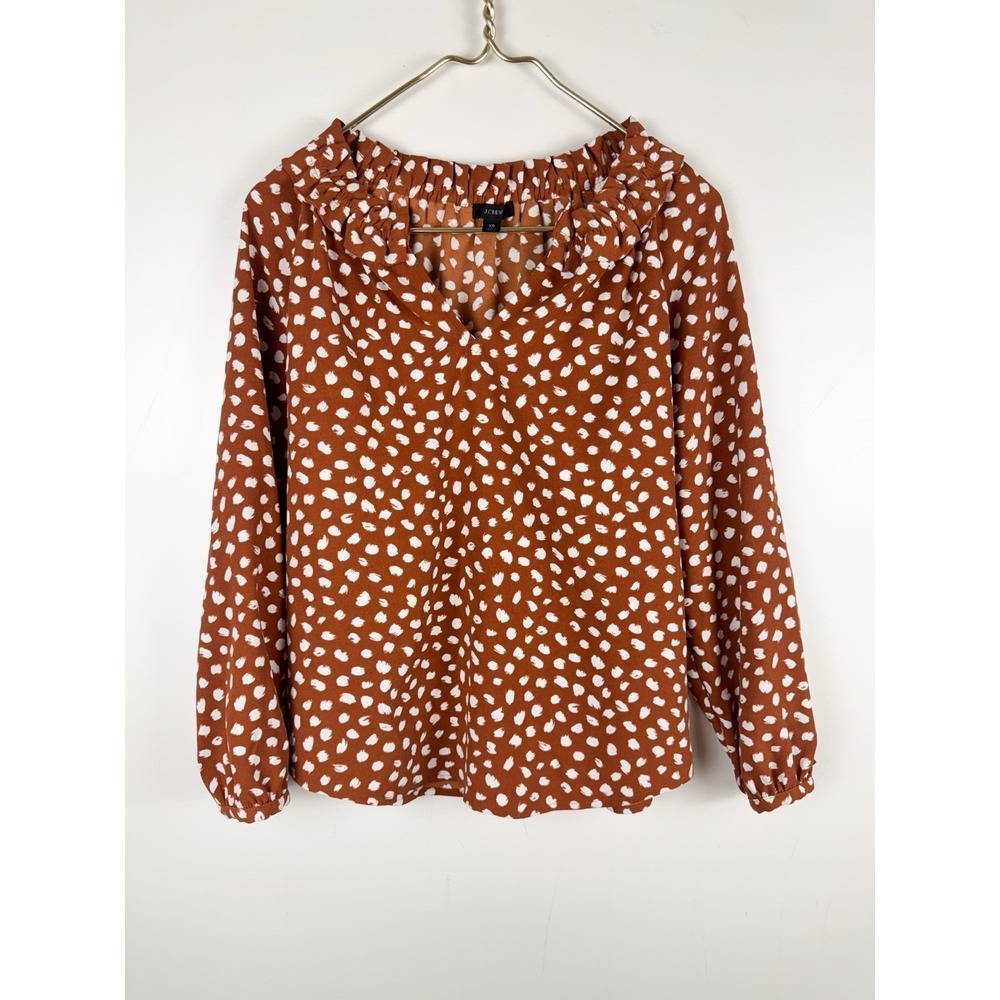 J.Crew Size XS Rust Chestnut Animal Print Spot Ruffle V-Neck Top Blouse Preppy